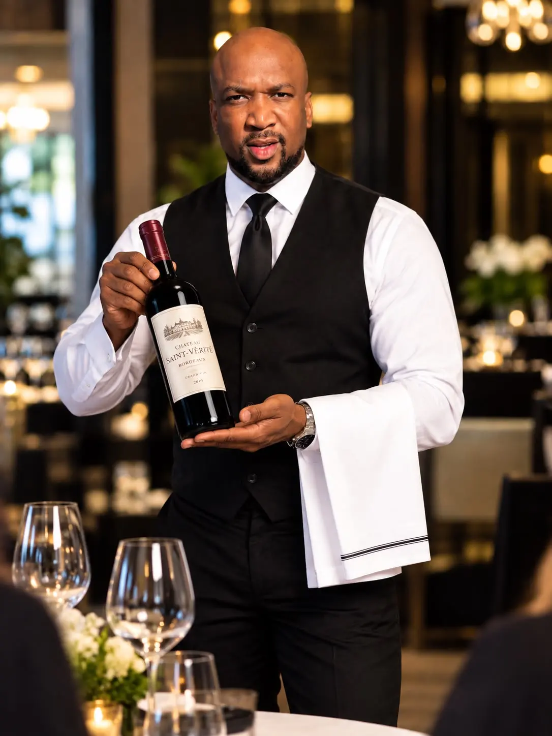 A service professional presenting a bottle.