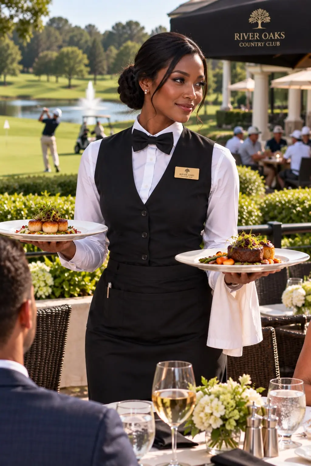A server carrying plates to guests on a club terrace beside a golf course.