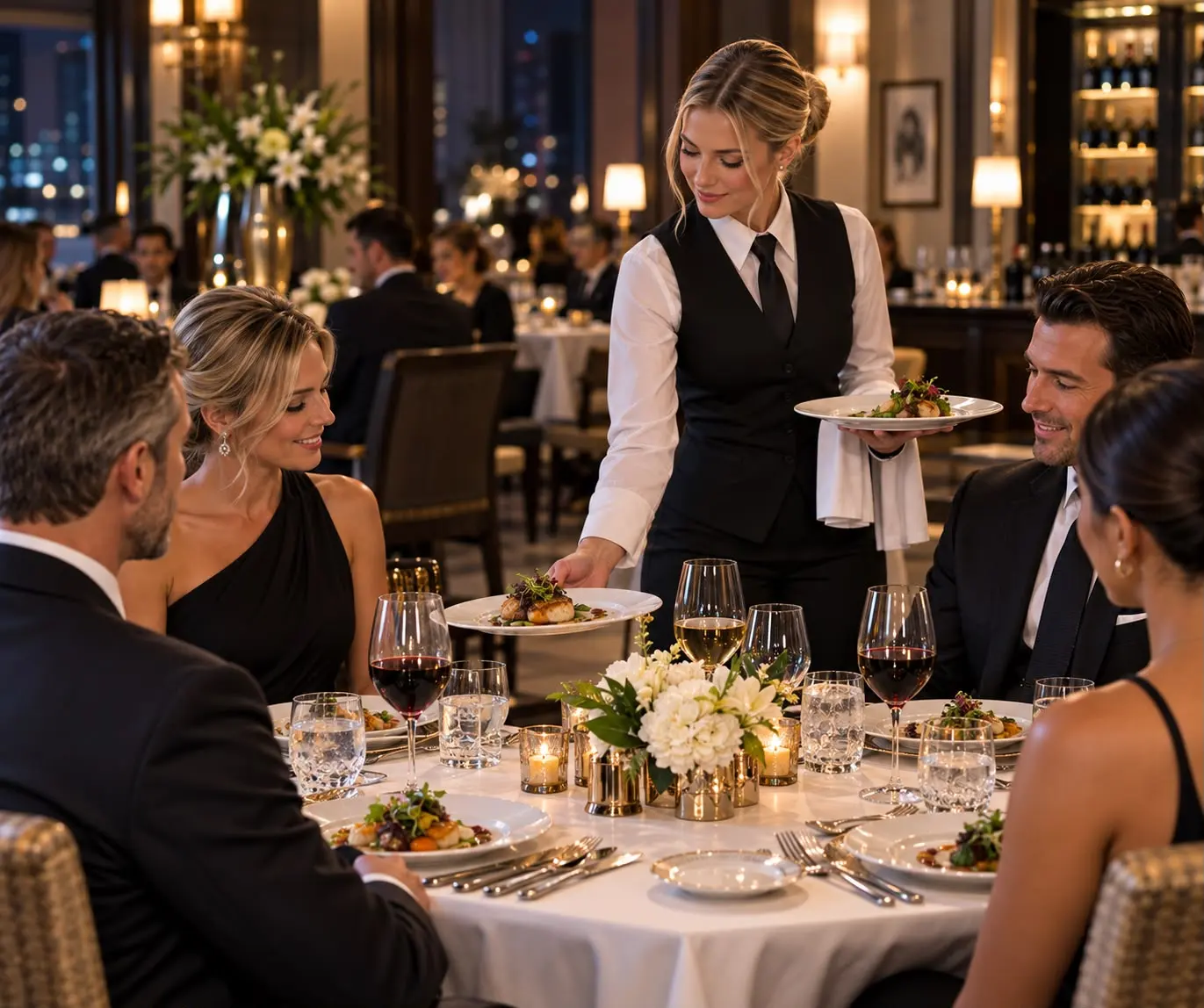 A server presenting plates to guests in a fine-dining room.