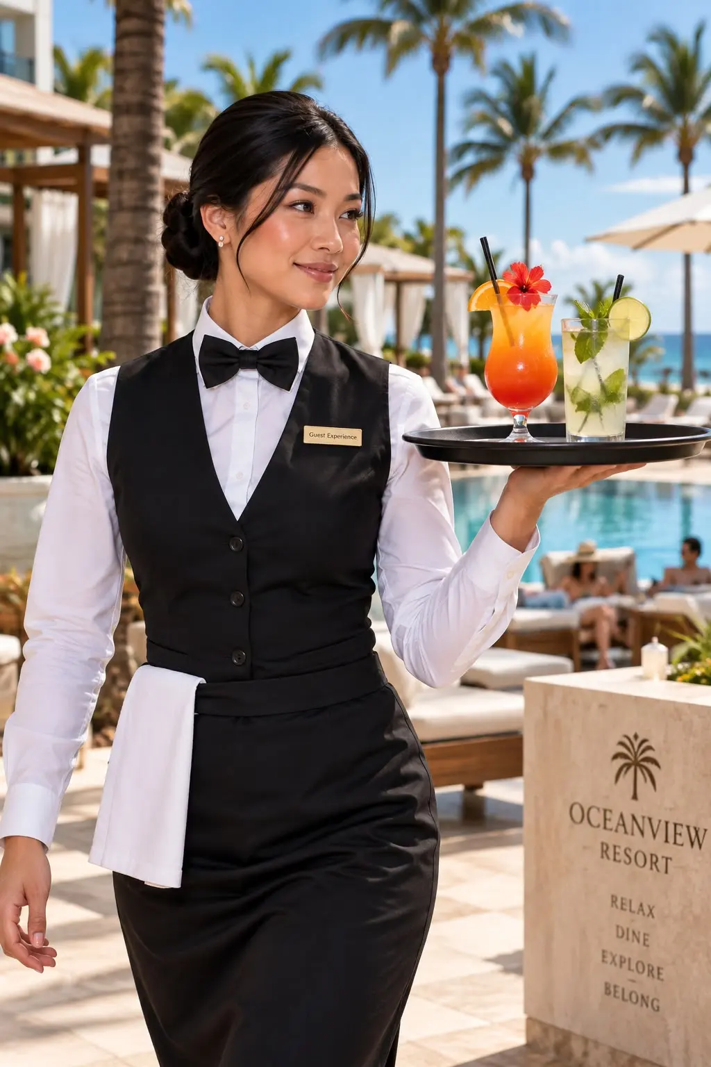 A server carrying beverages along a resort pool terrace.