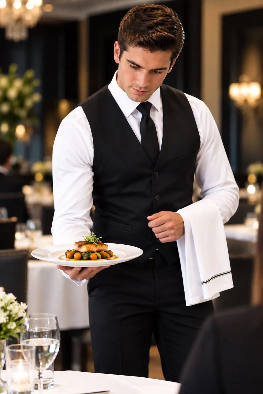 A server carrying a plated dish and service cloth through a dining room.
