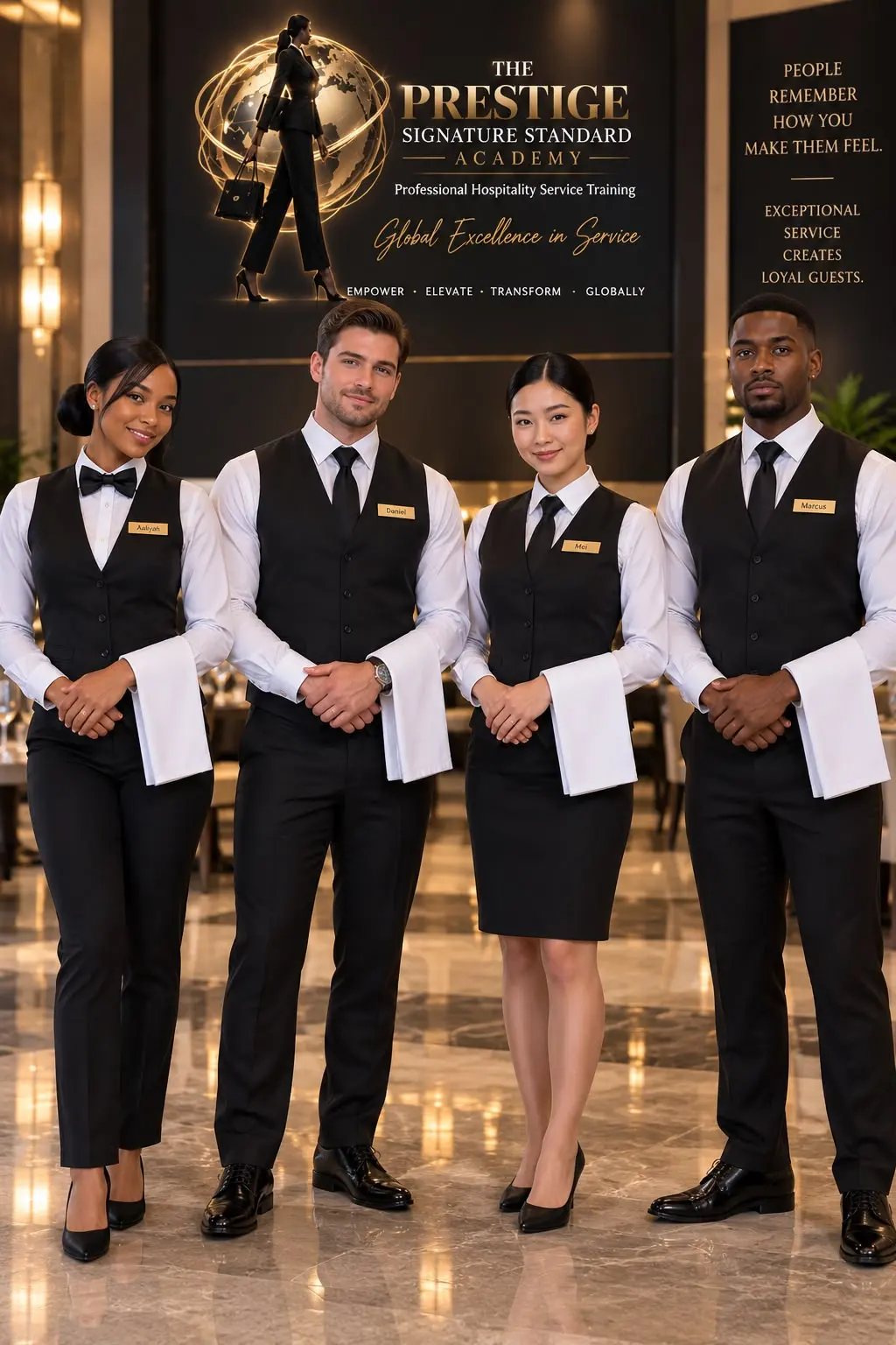 A uniformed service team standing together in a hotel lobby.